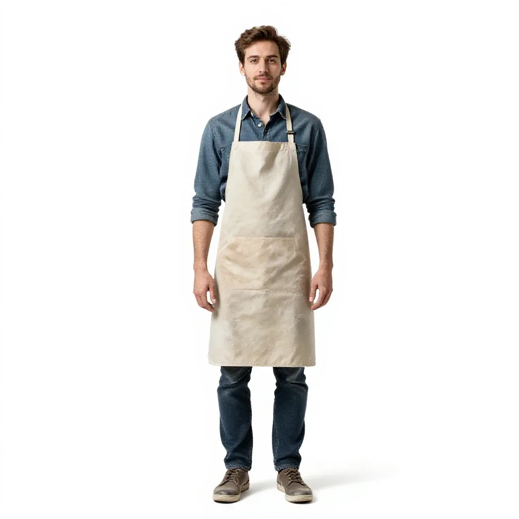 Ceramicist in a clay-dusted apron isolated on a white background