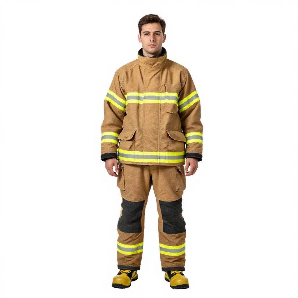 Firefighter in turnout gear isolated on a white background