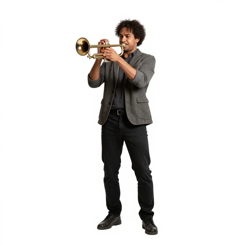 Jazz trumpeter mid-performance isolated on a white background