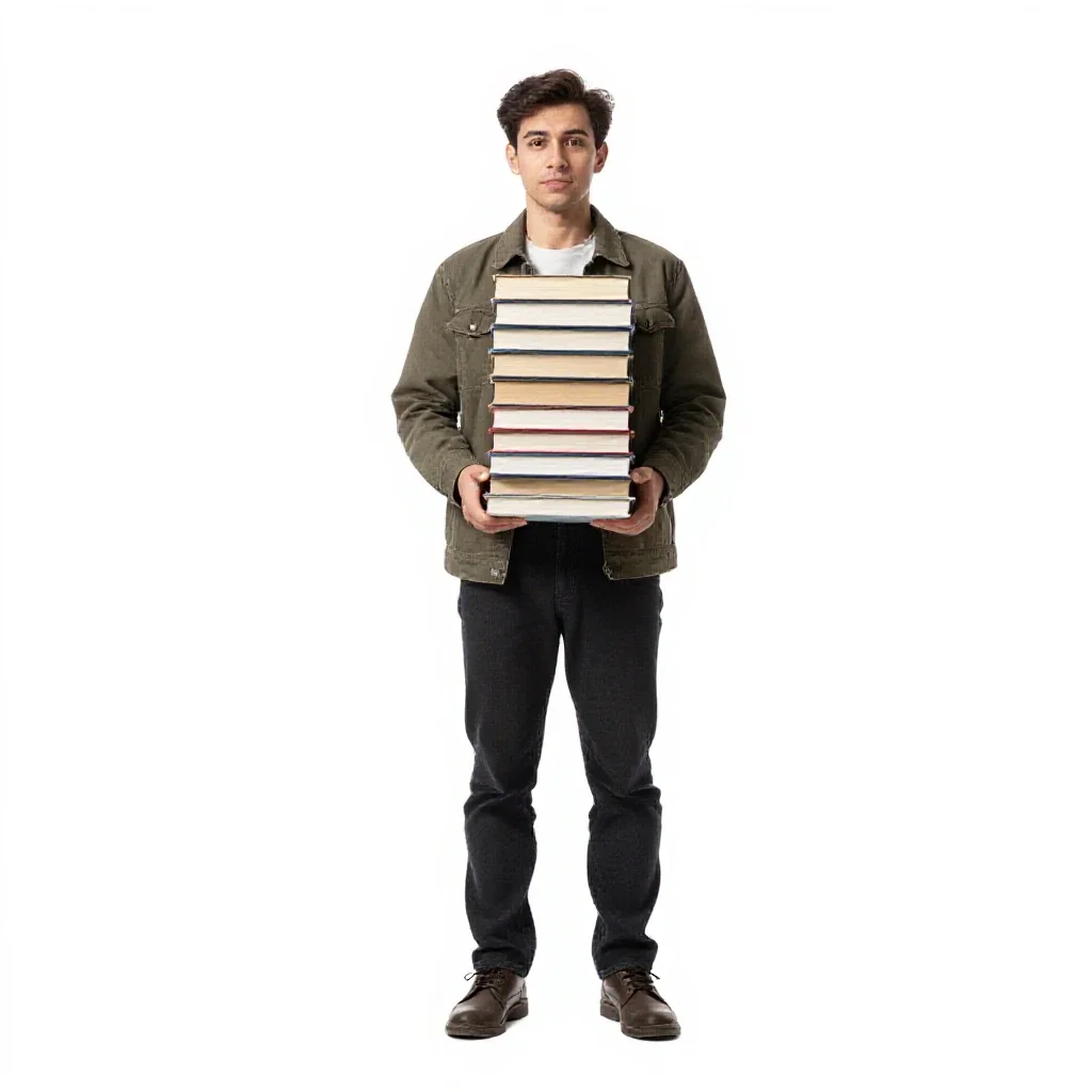 Librarian with a stack of books isolated on a white background