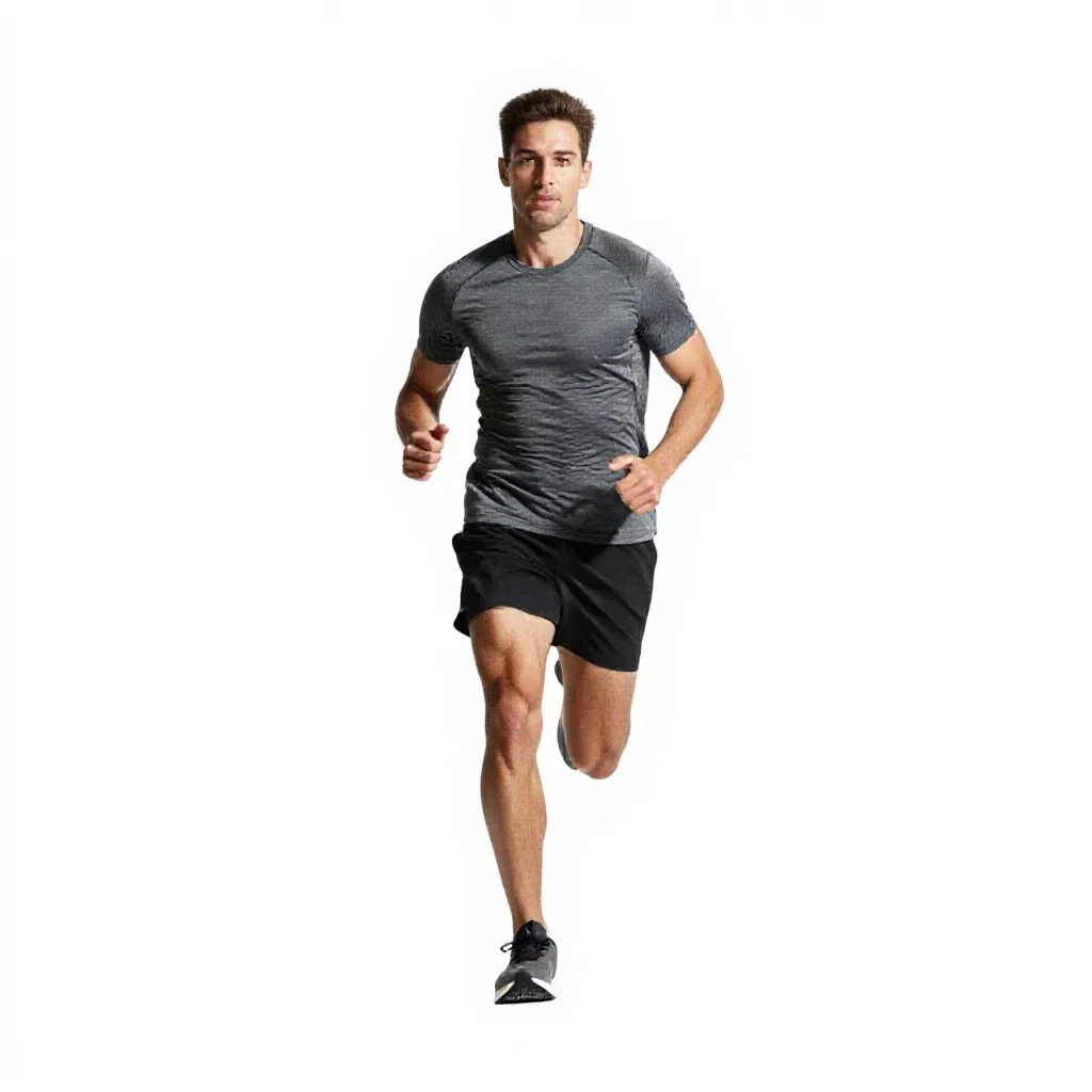 Long-distance runner mid-stride isolated on a white background