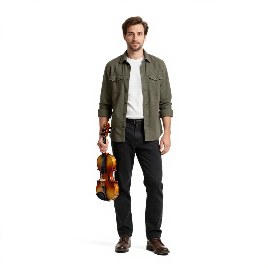 Luthier holding a violin isolated on a white background