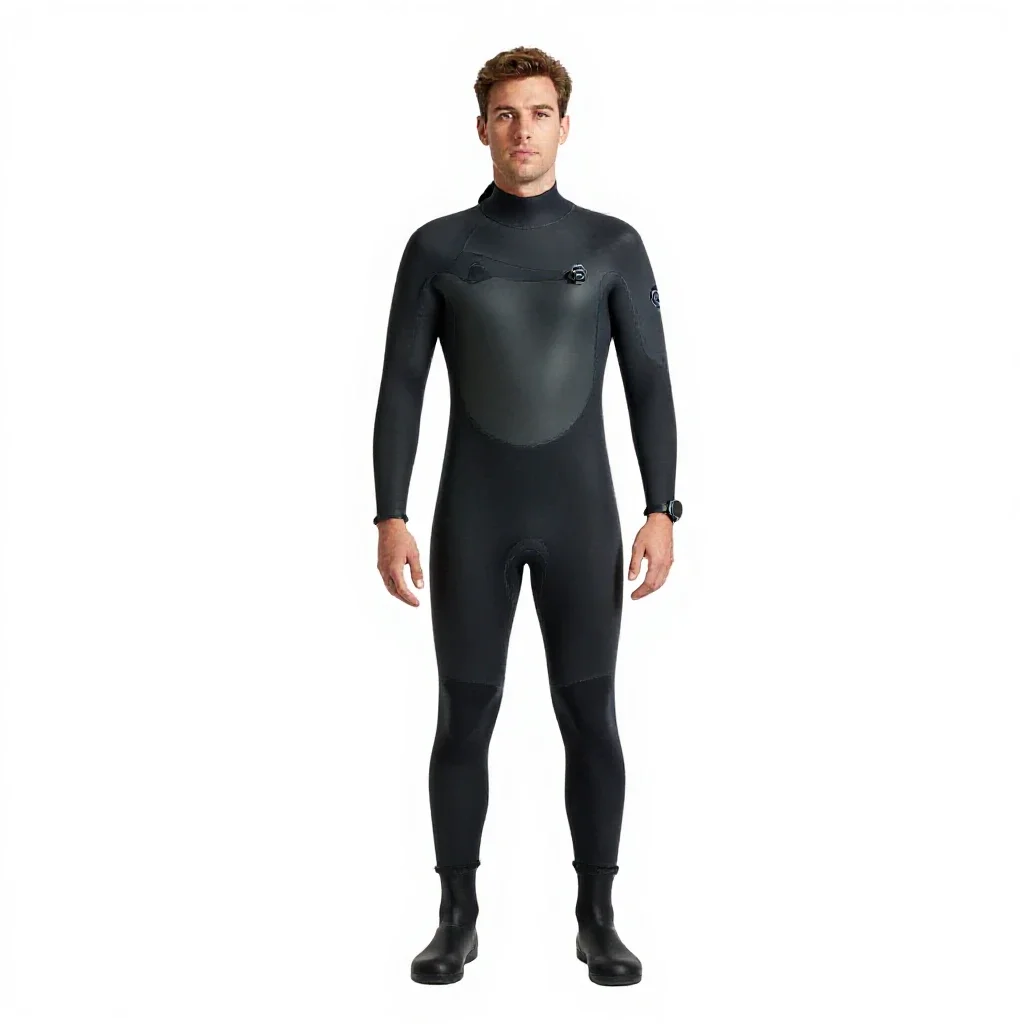 Marine biologist in a wetsuit isolated on a white background