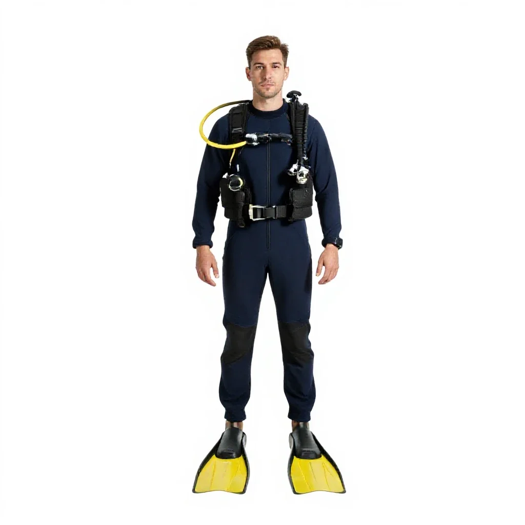 Rescue diver with fins isolated on a white background