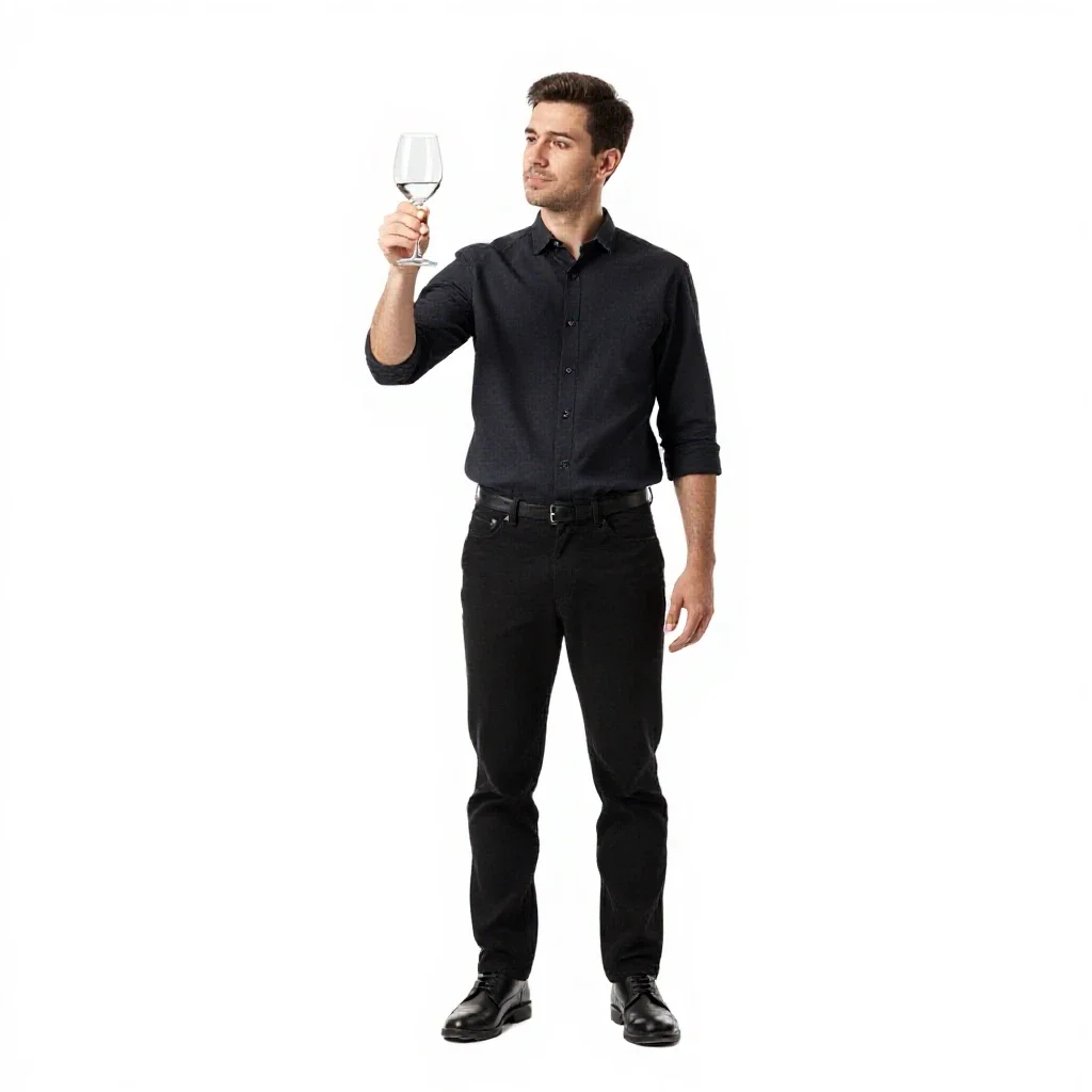 Sommelier examining a glass isolated on a white background