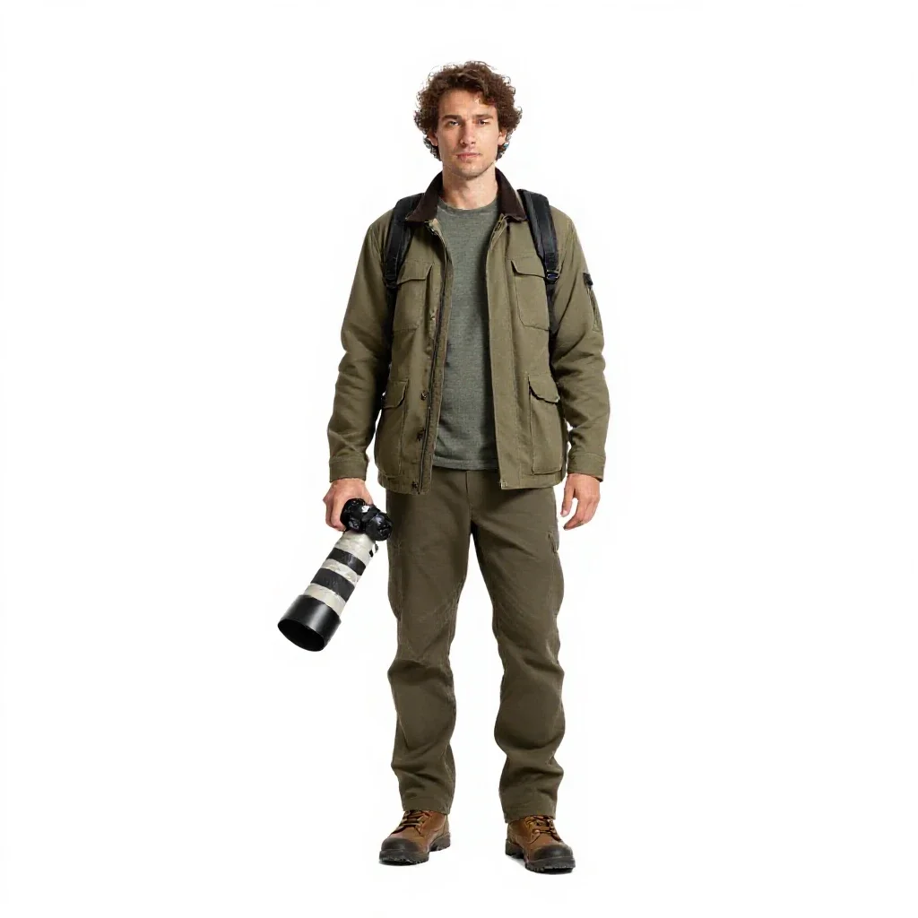 Wildlife photographer with a long lens isolated on a white background