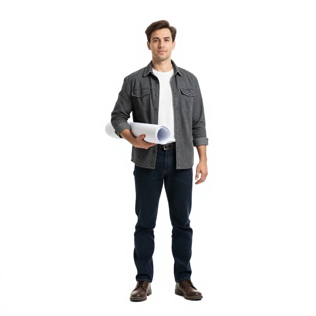 Architect carrying rolled plans isolated on a white background