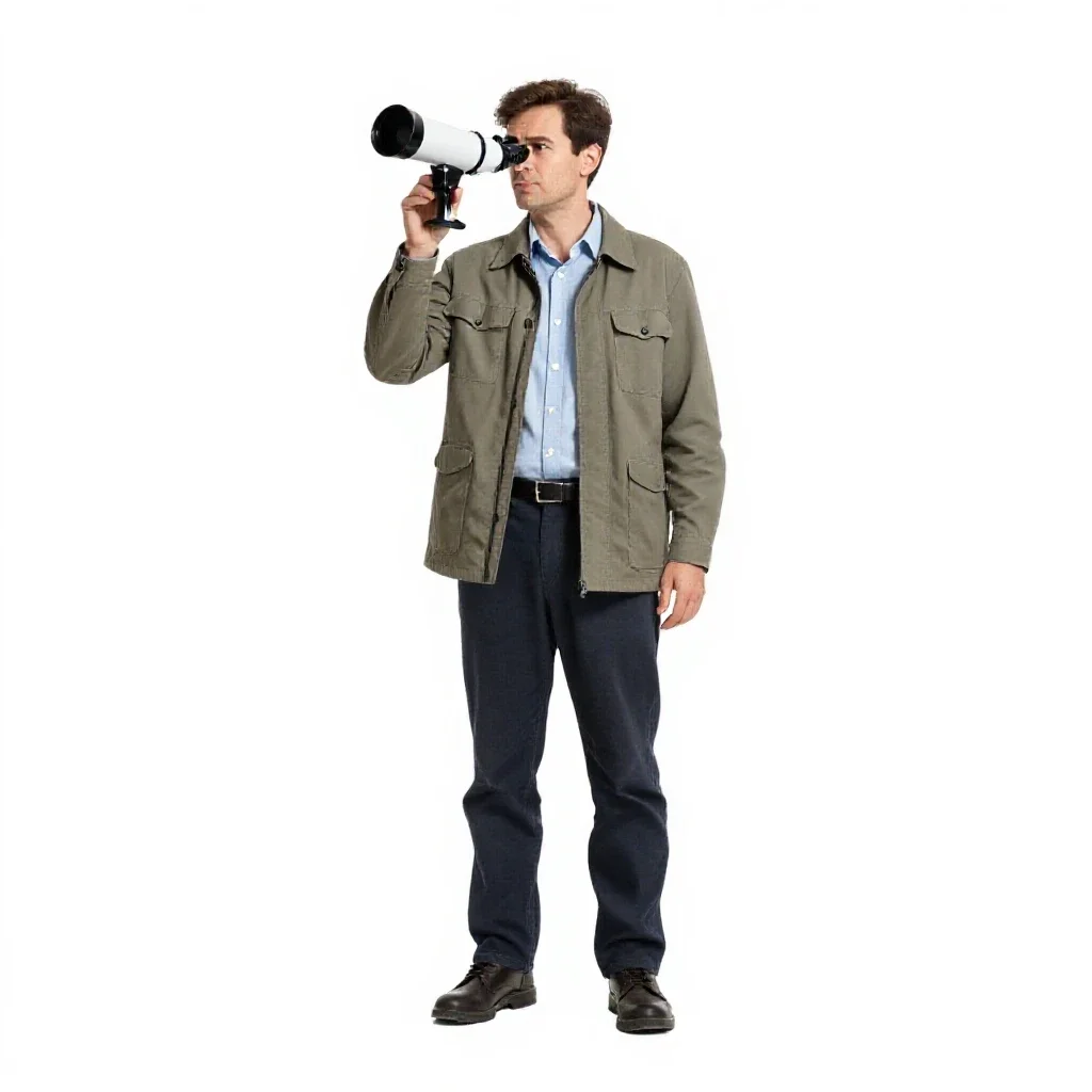 Astronomer at a telescope eyepiece isolated on a white background