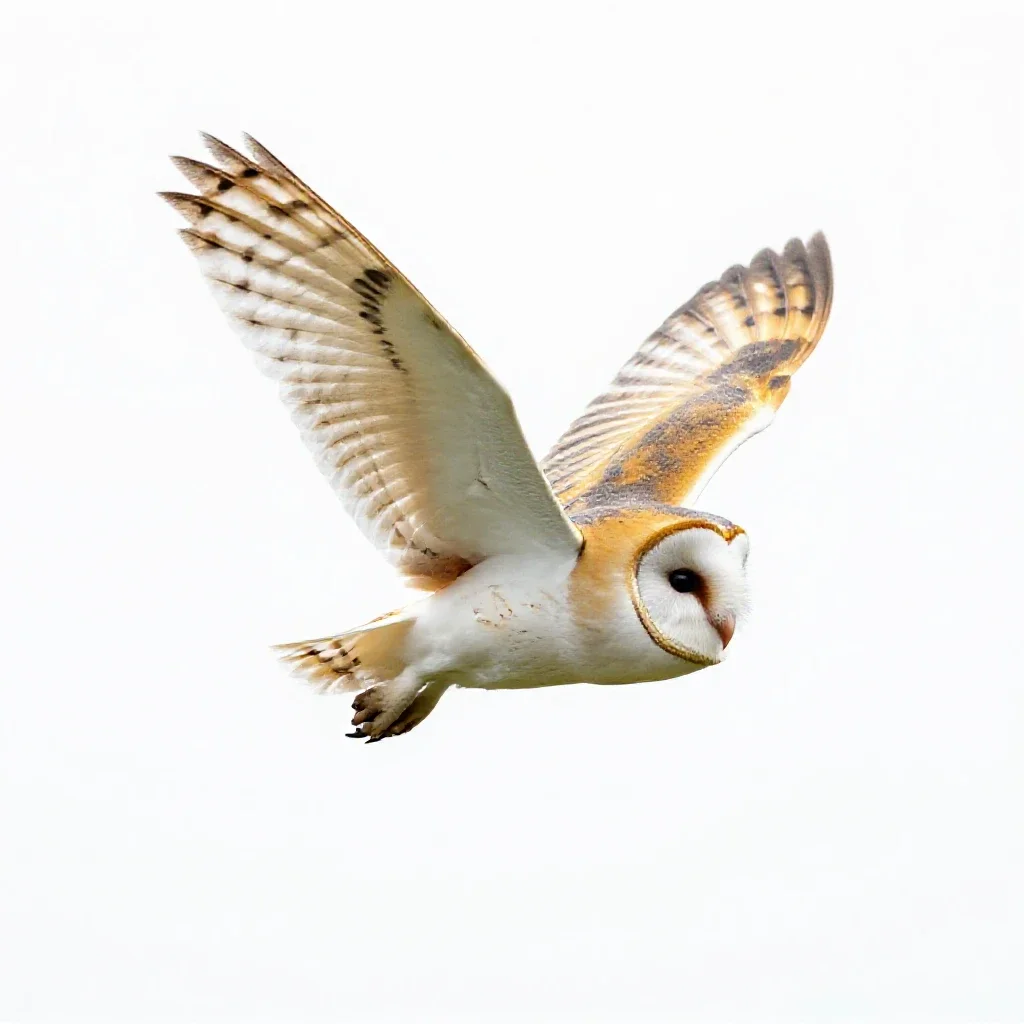 Barn owl in flight isolated on a white background