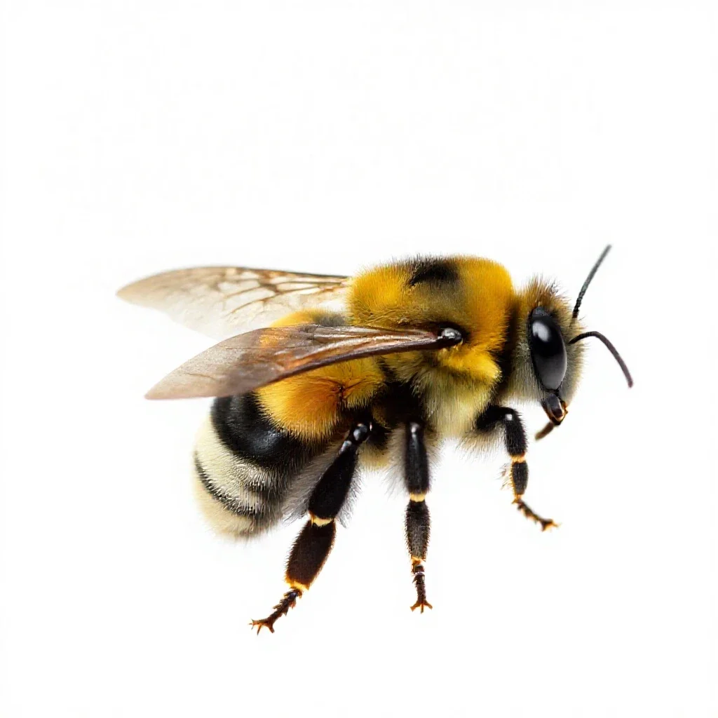 Bumblebee on approach isolated on a white background
