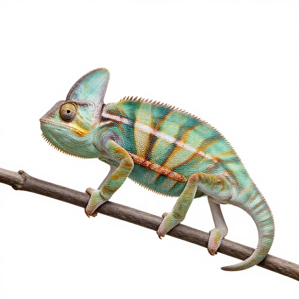 Chameleon on a branch isolated on a white background