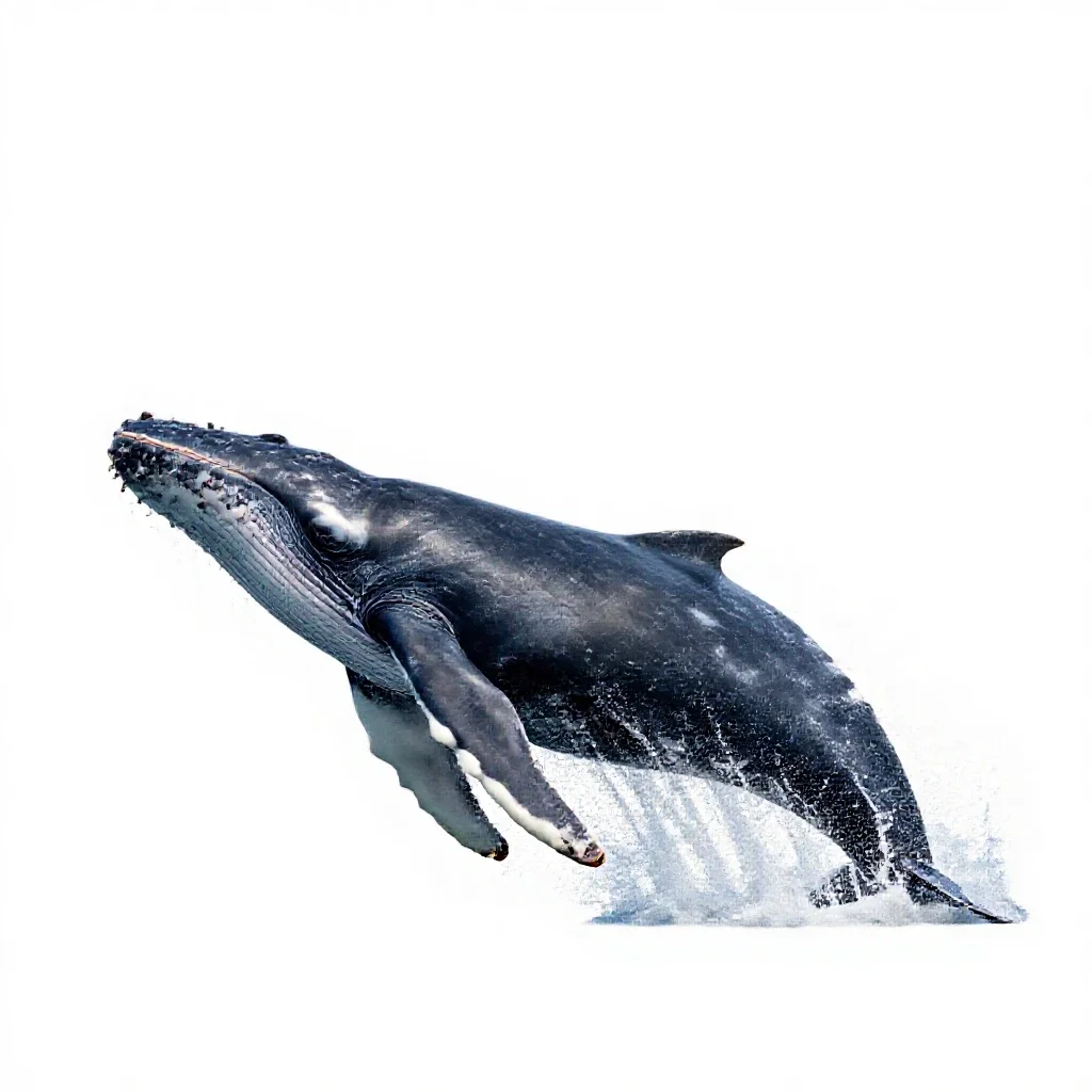 Humpback whale breaching isolated on a white background