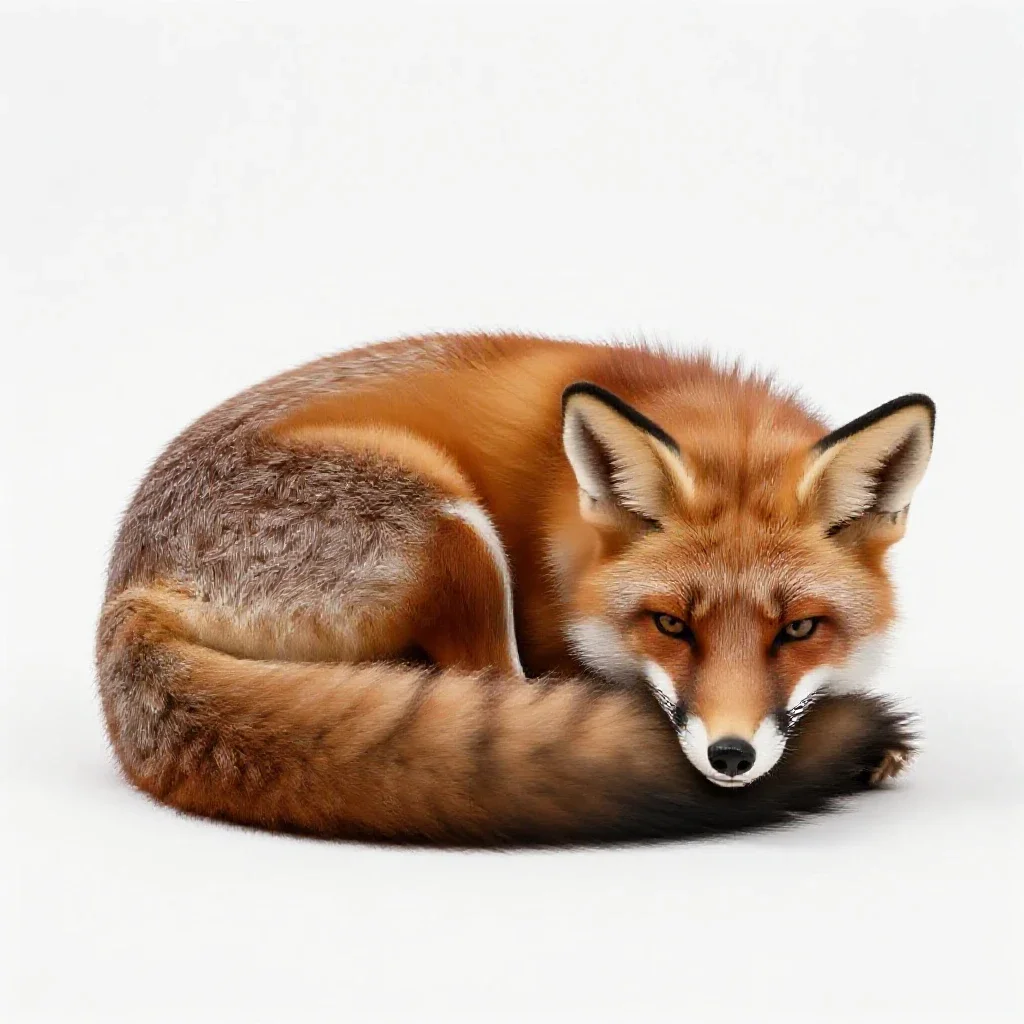 Red fox curled asleep isolated on a white background