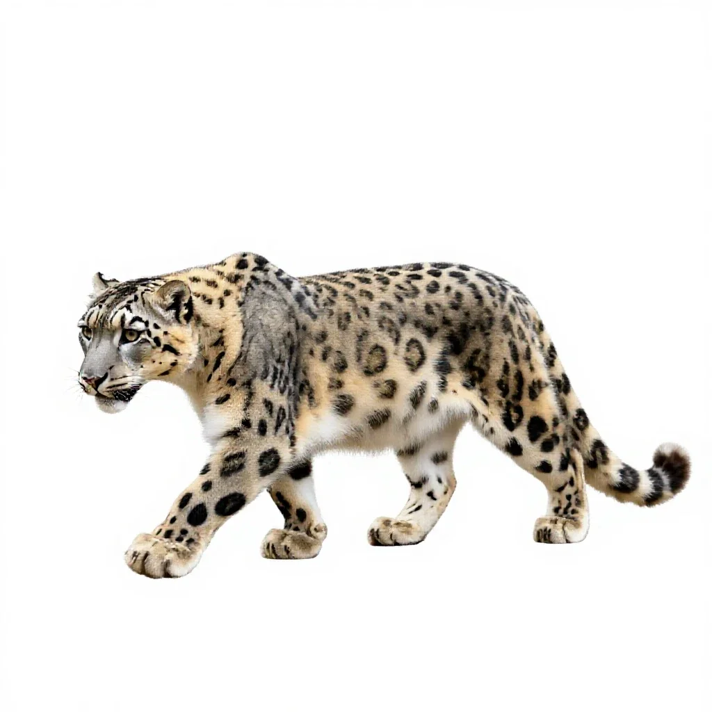 Snow leopard mid-prowl isolated on a white background