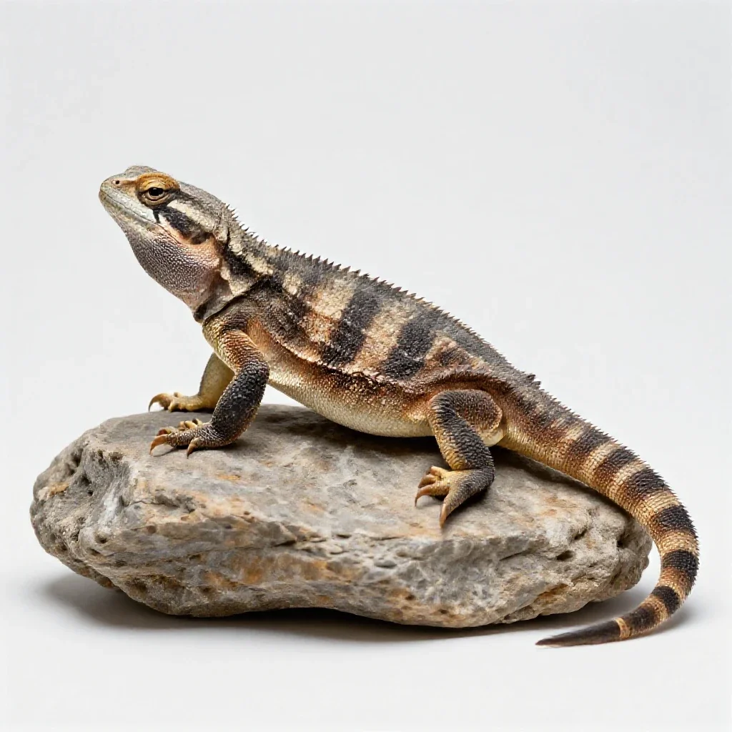 Tuatara on a rock isolated on a white background