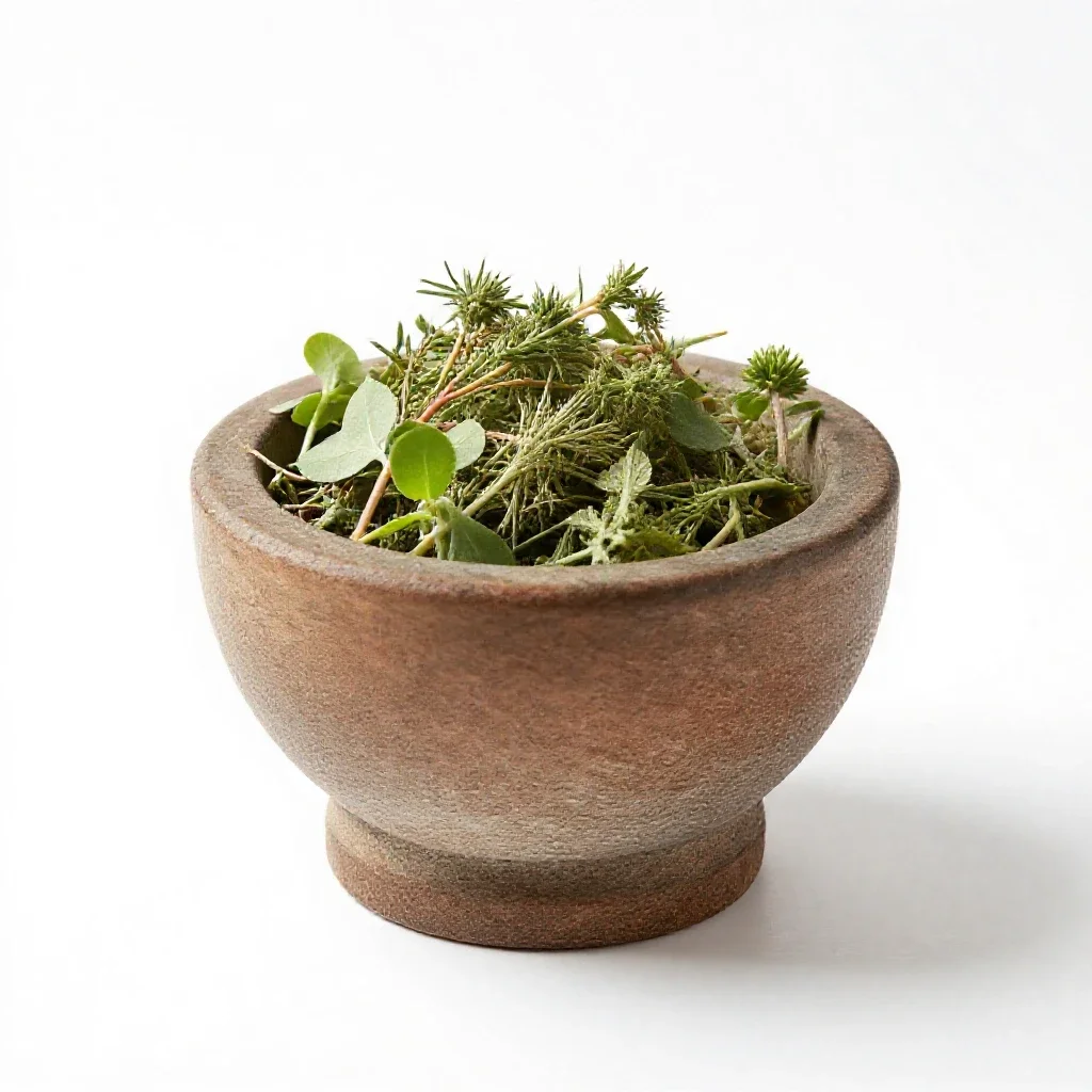 Mortar of glowing herbs isolated on a white background