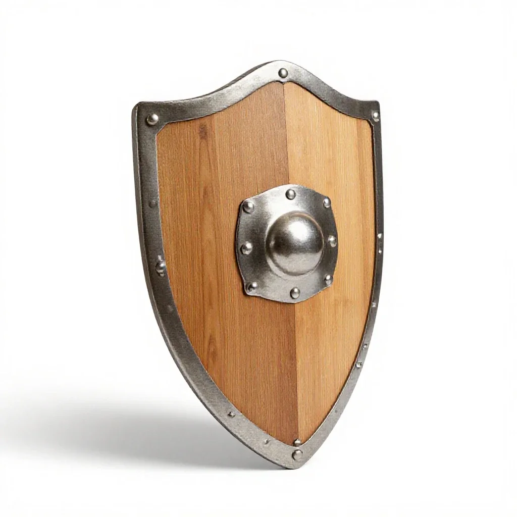 Wooden shield with an iron boss isolated on a white background