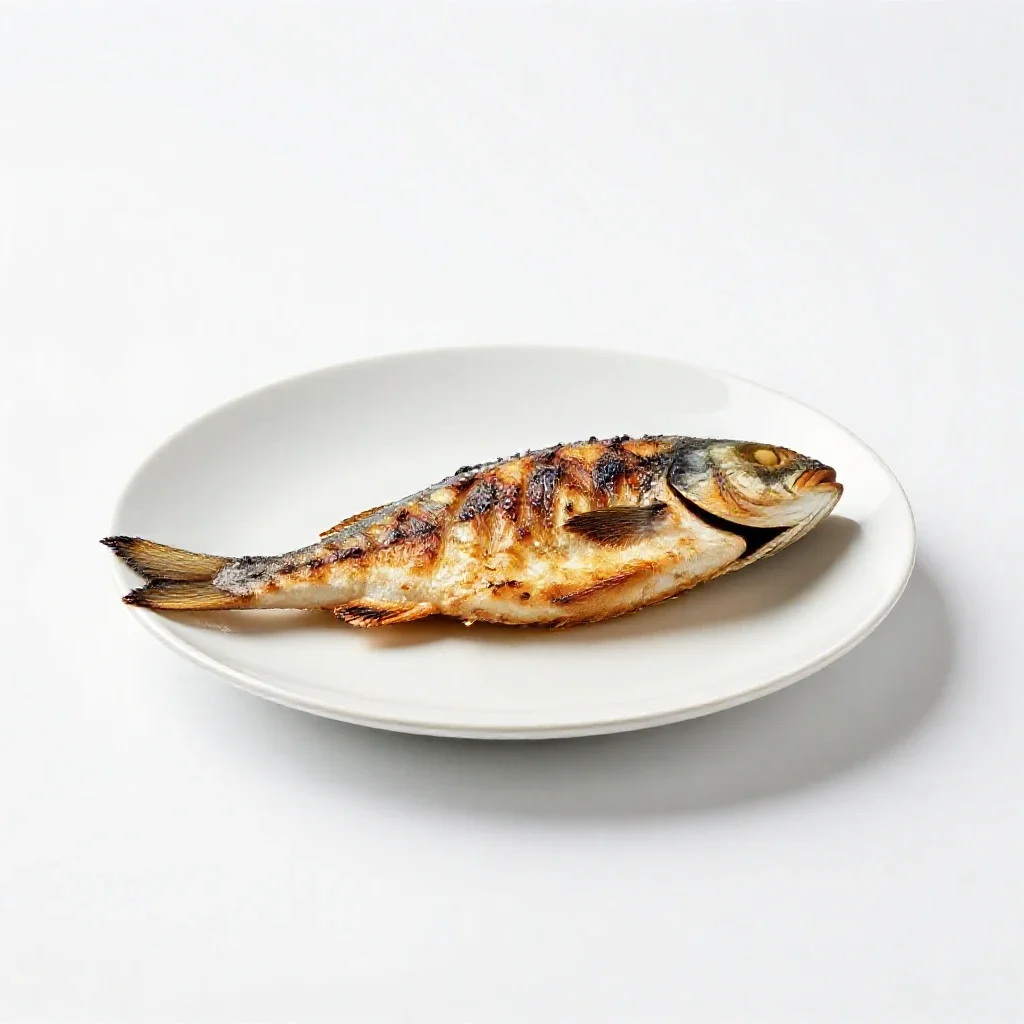 Grilled fish on a plate isolated on a white background