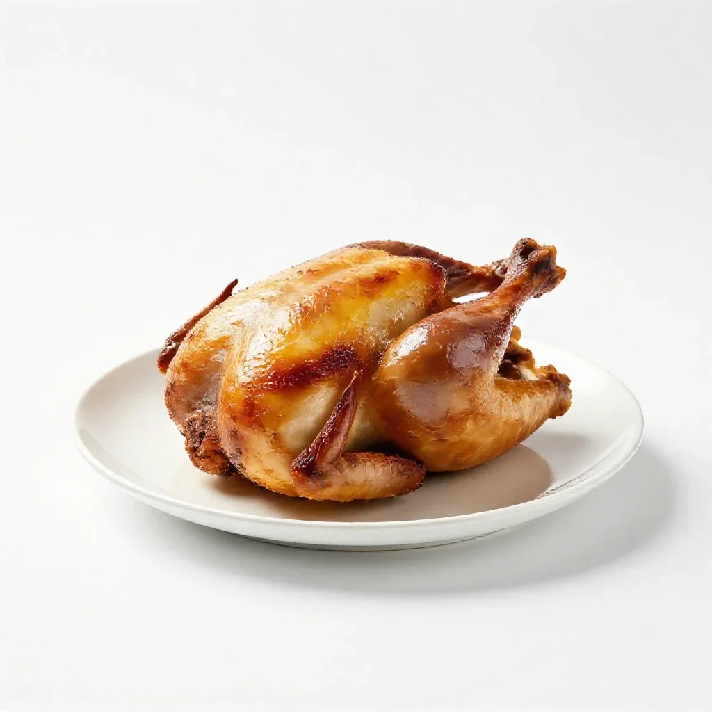 Roast chicken on a board isolated on a white background