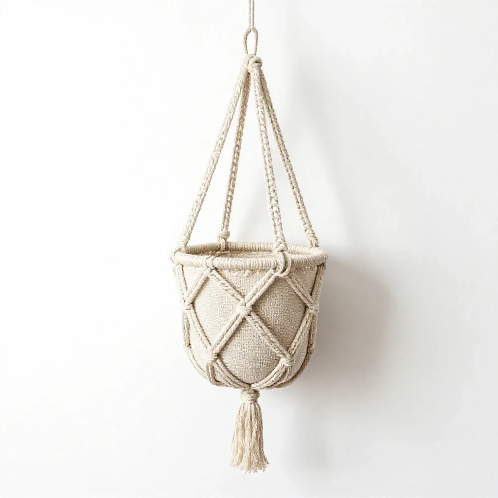 Hanging macrame planter isolated on a white background