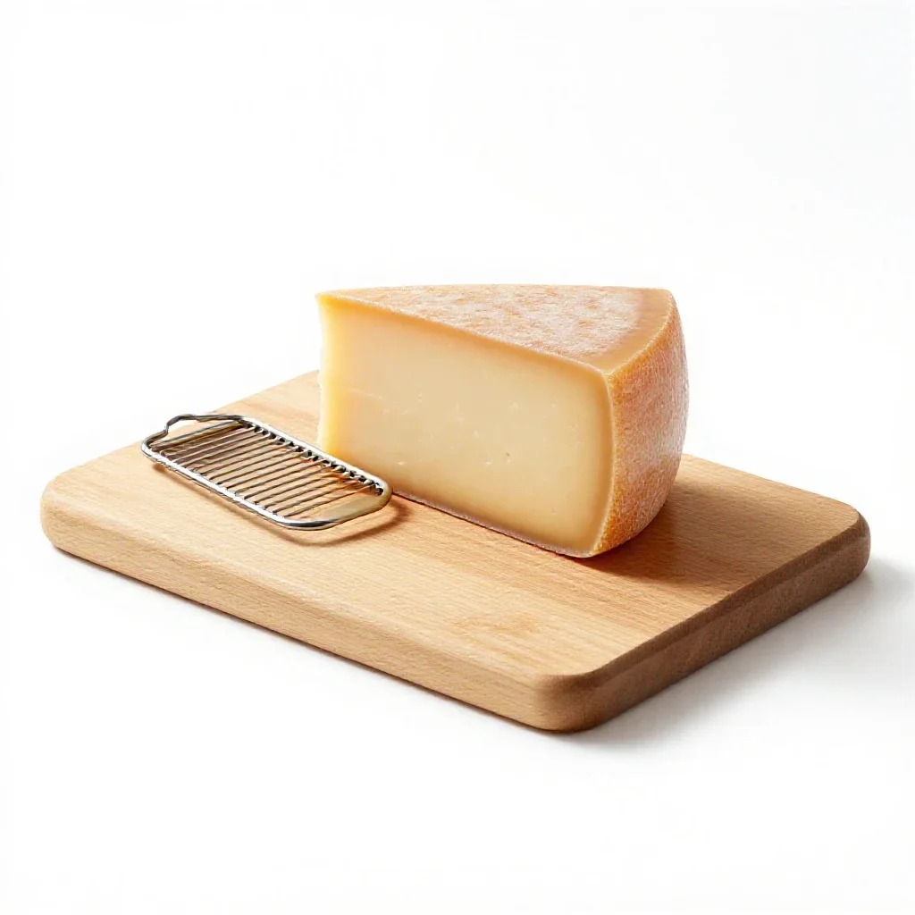 Cheese board with a wire slicer isolated on a white background