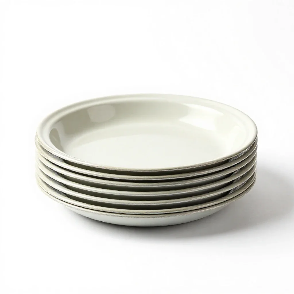 Stack of enamel camping plates isolated on a white background