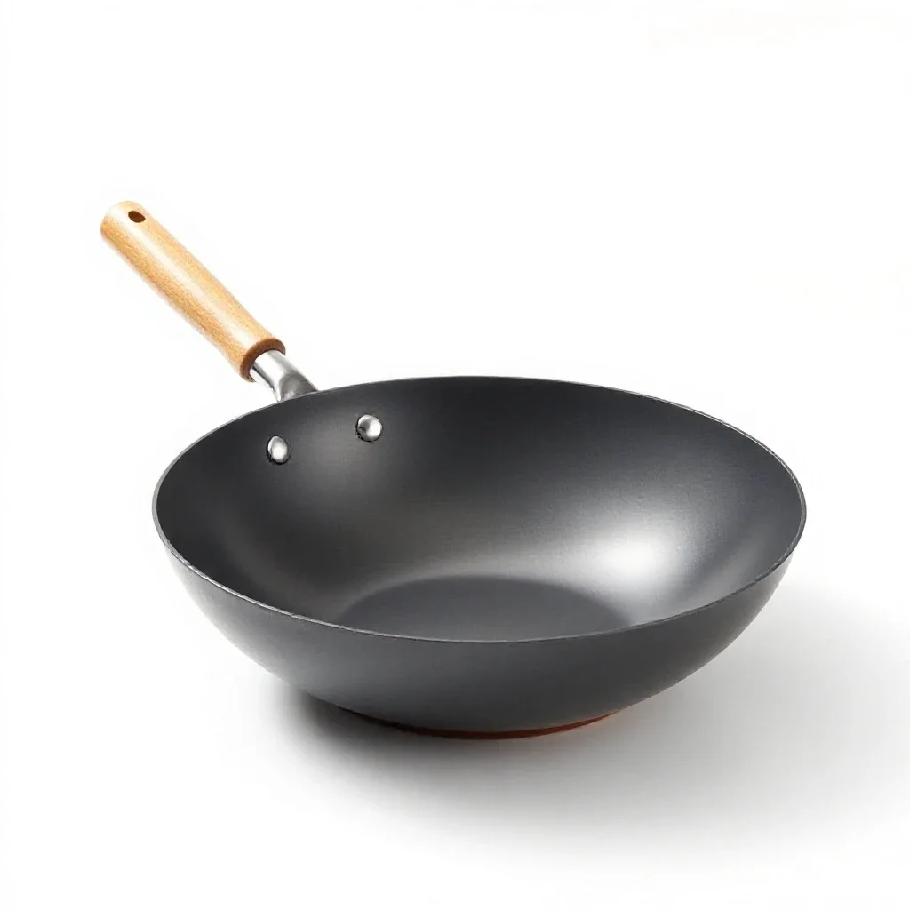 Wok with a wooden handle isolated on a white background