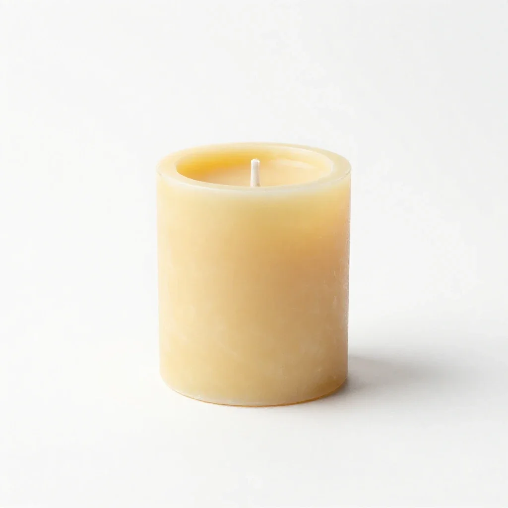 Beeswax pillar candle on a holder isolated on a white background