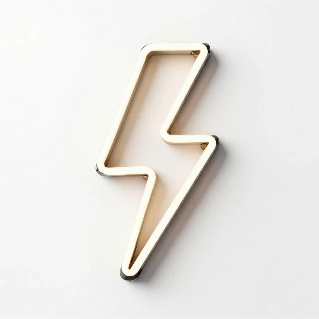 Neon sign shaped like a lightning bolt isolated on a white background