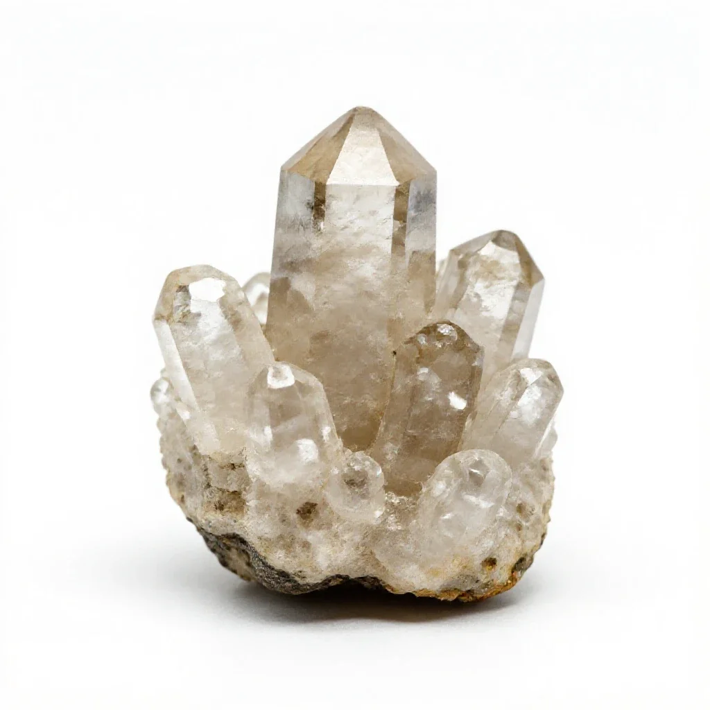 Quartz crystal cluster isolated on a white background