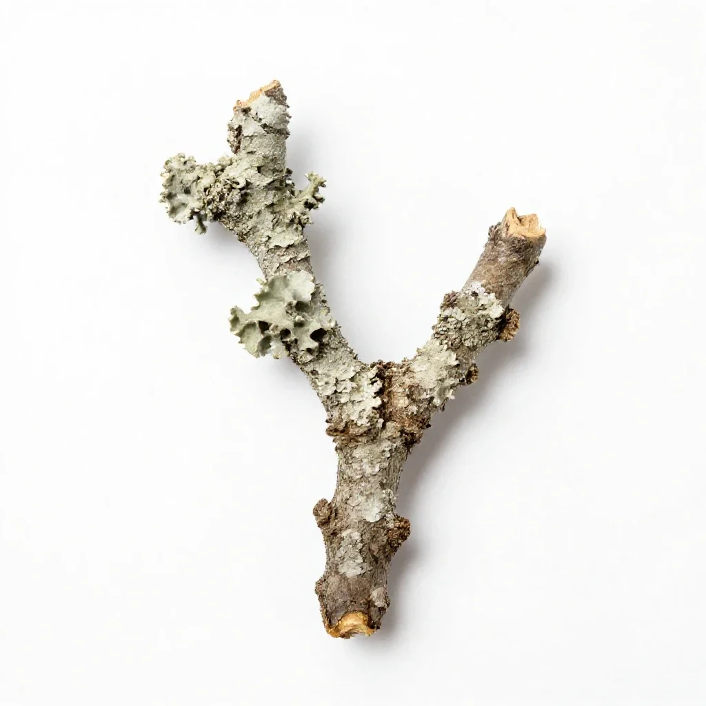 Lichen-covered twig isolated on a white background