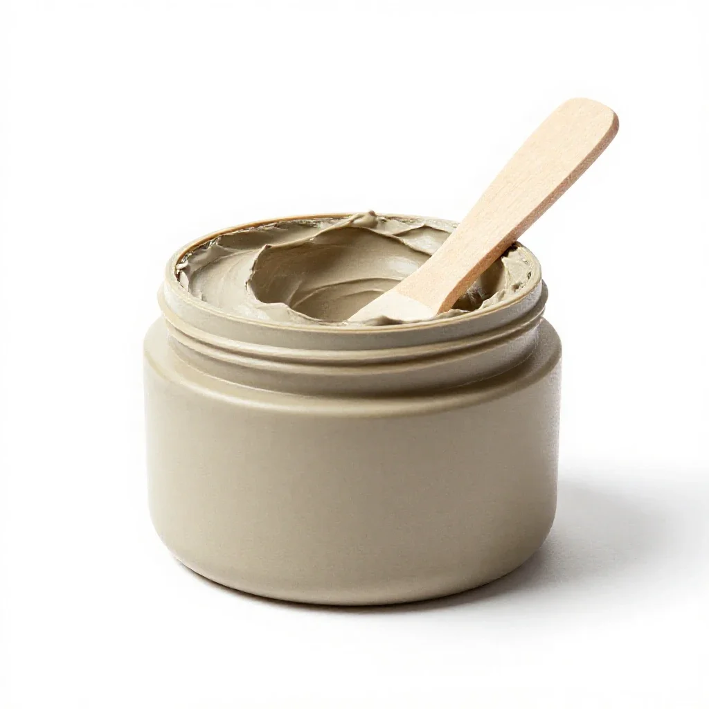 Clay mask jar with a spatula isolated on a white background