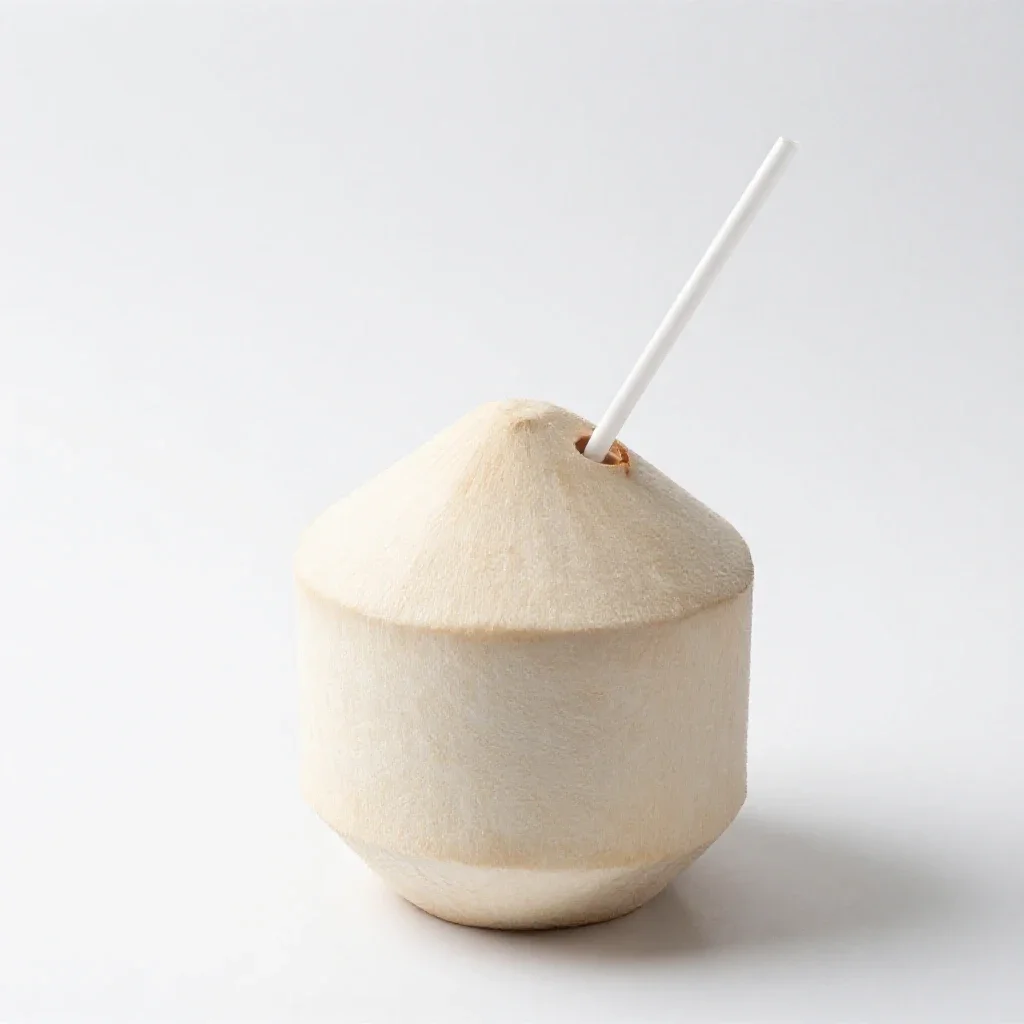 Fresh coconut with a straw isolated on a white background