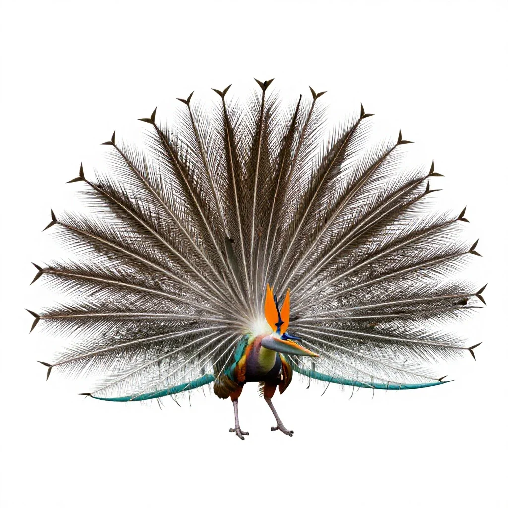Bird of paradise displaying isolated on a white background