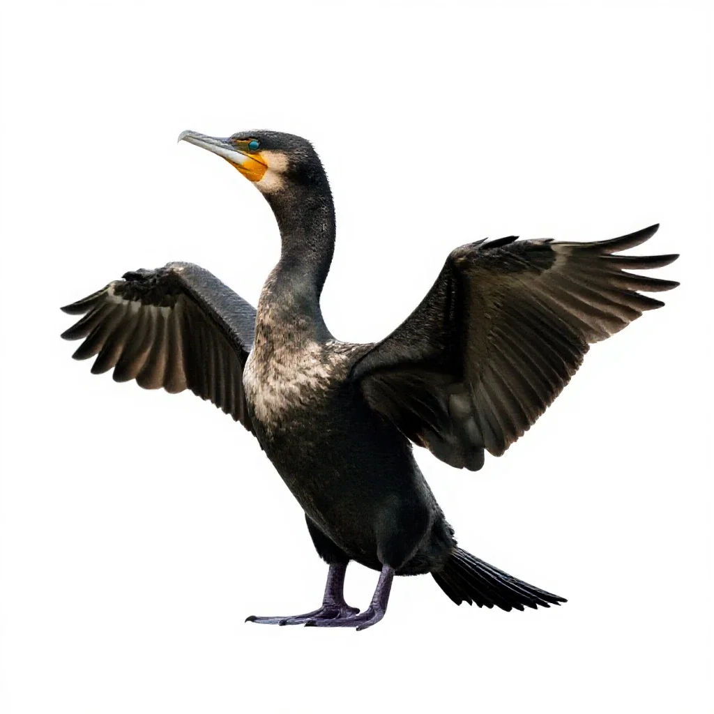 Cormorant drying its wings isolated on a white background