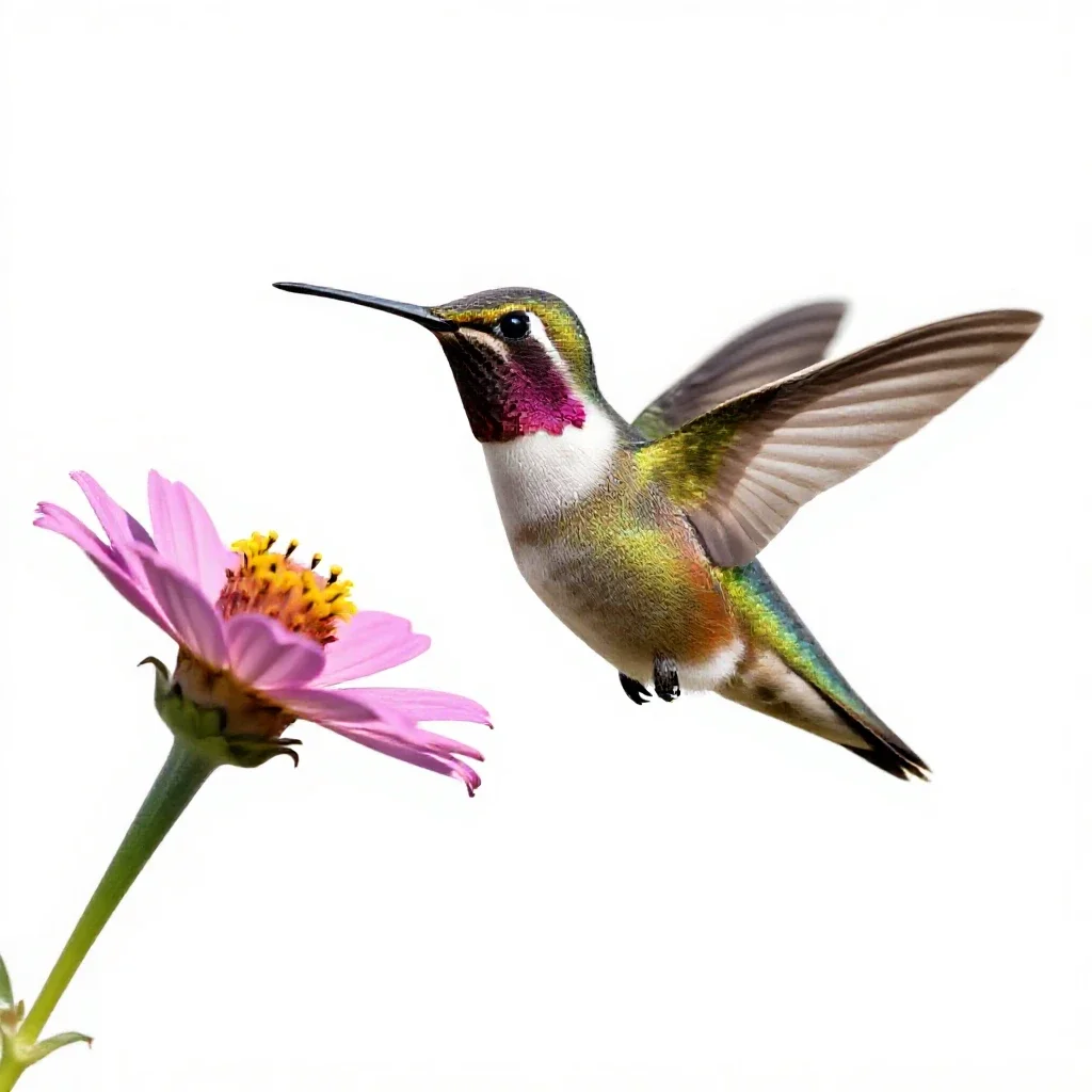 Hummingbird at a flower isolated on a white background