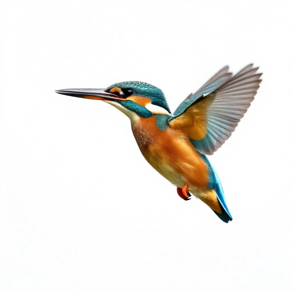Kingfisher hovering isolated on a white background