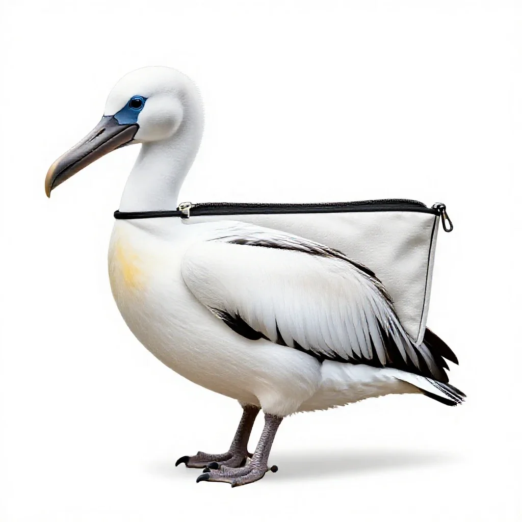 Pelican with its pouch full isolated on a white background