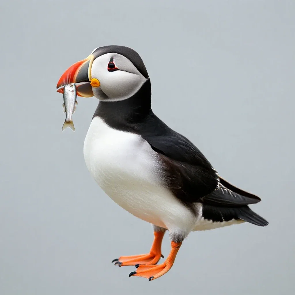Puffin with a beakful of fish isolated on a white background
