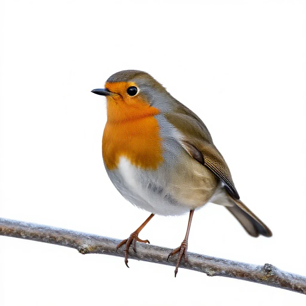 Robin on a frosted branch isolated on a white background