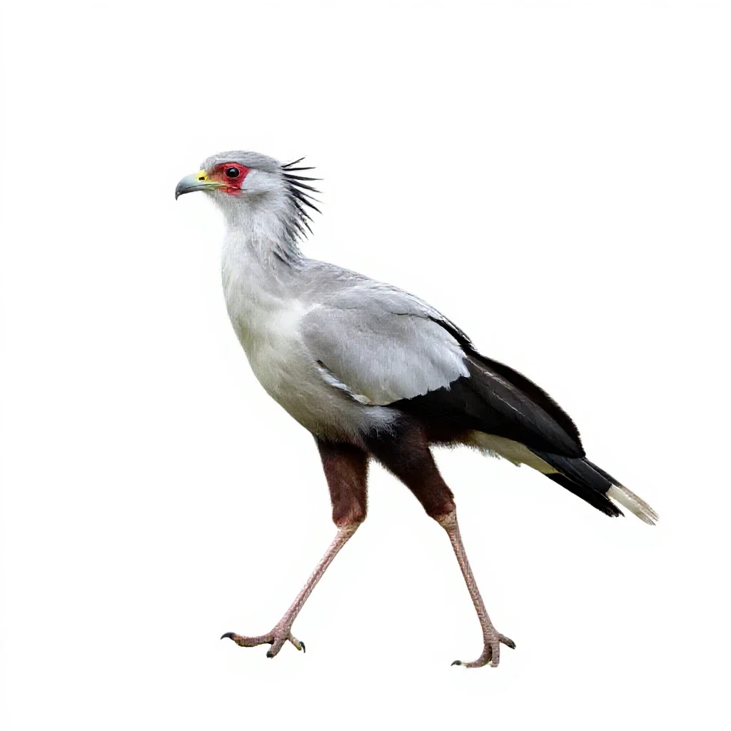 Secretary bird striding isolated on a white background
