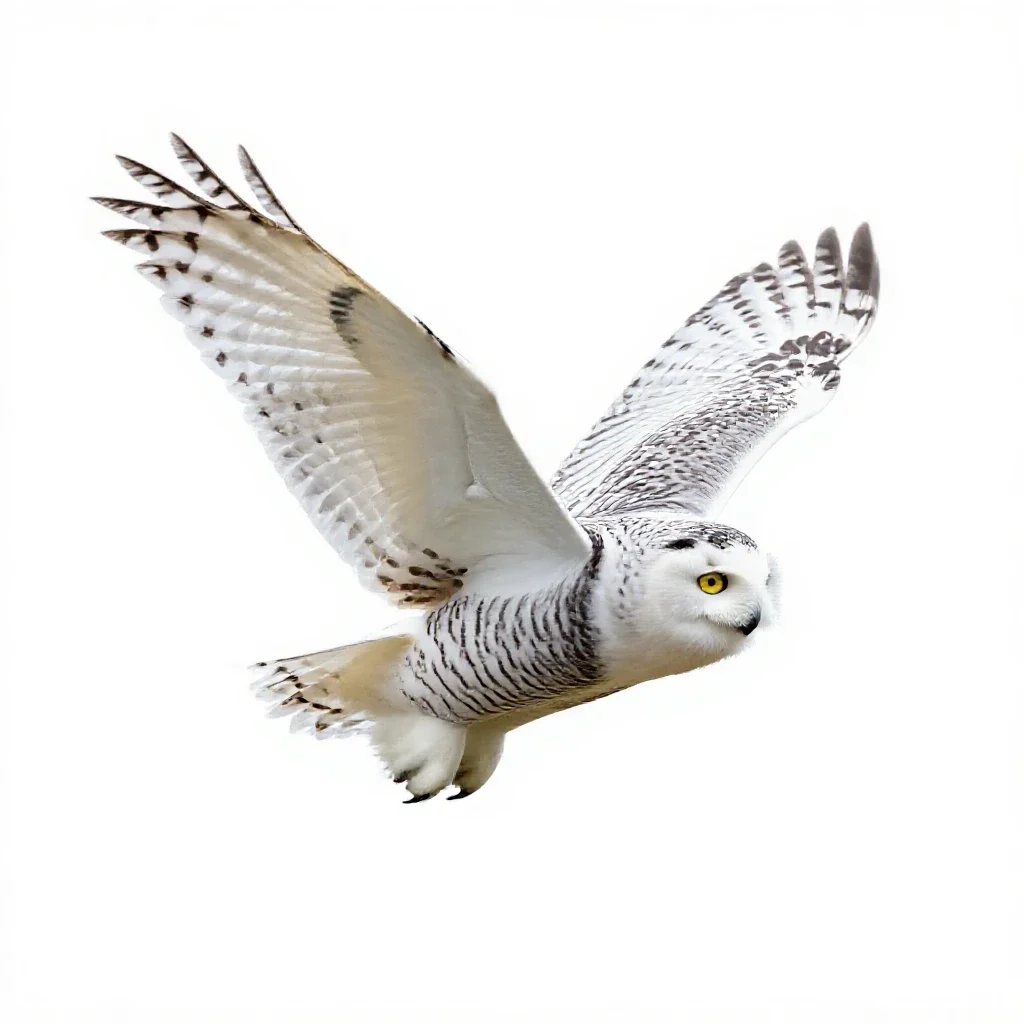Snowy owl in flight isolated on a white background