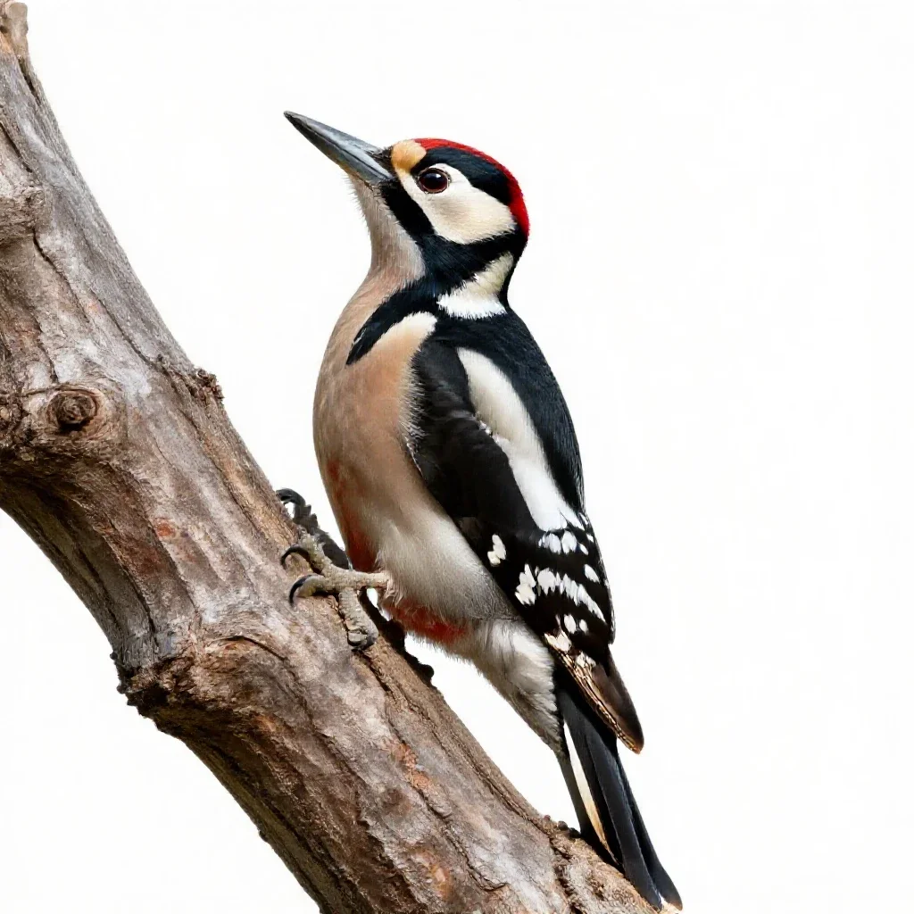 Woodpecker on bark isolated on a white background