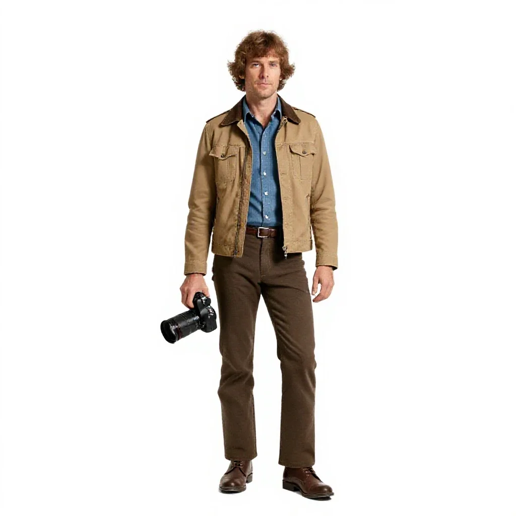 1970s festival photographer isolated on a white background