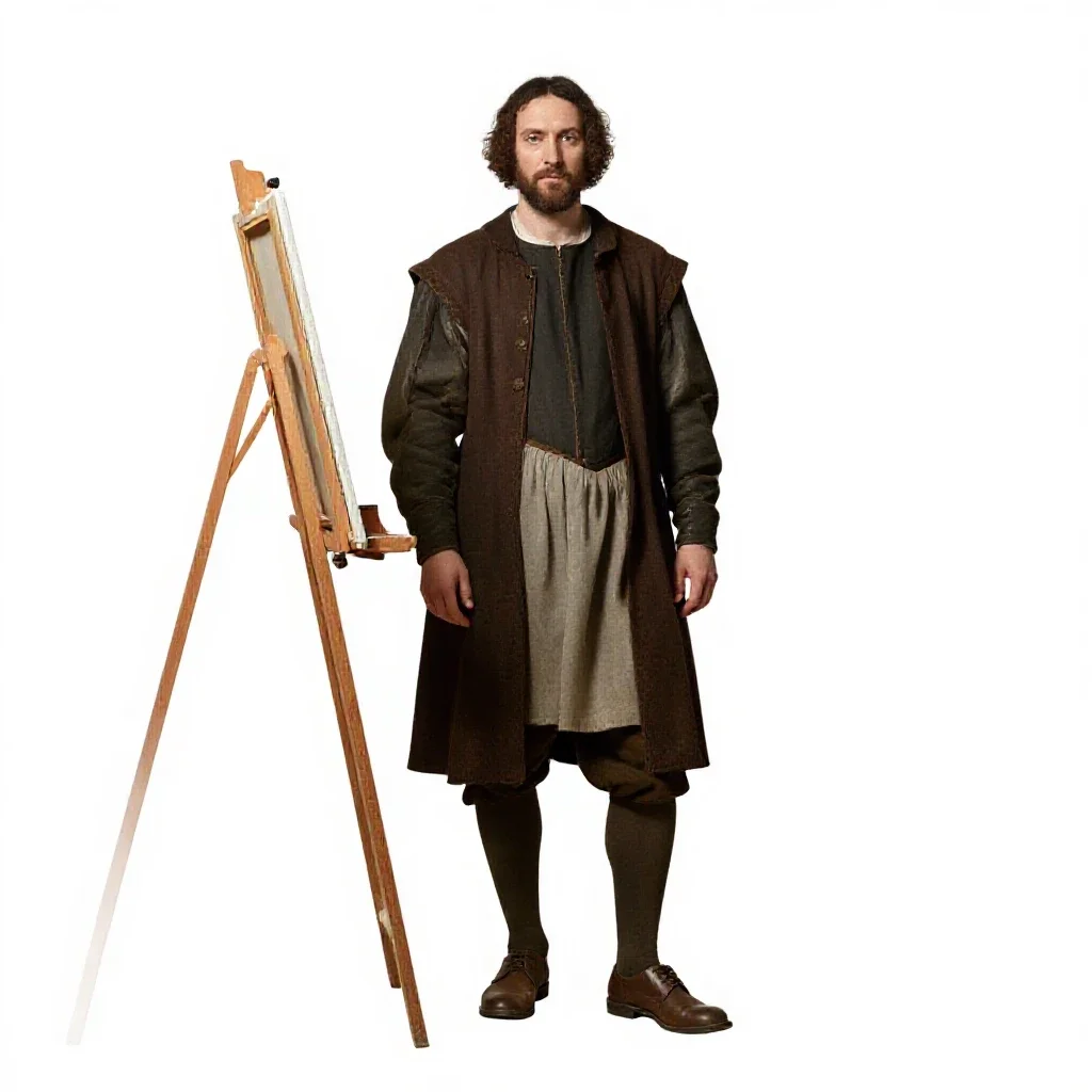 Renaissance painter at an easel isolated on a white background