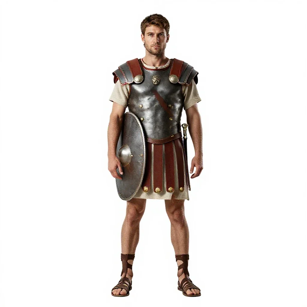 Roman legionary with a scutum isolated on a white background