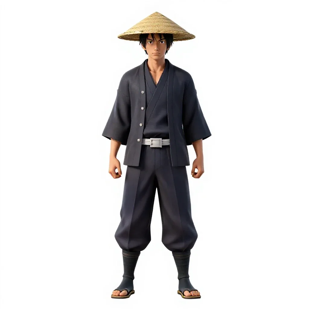 Ronin with a straw hat isolated on a white background