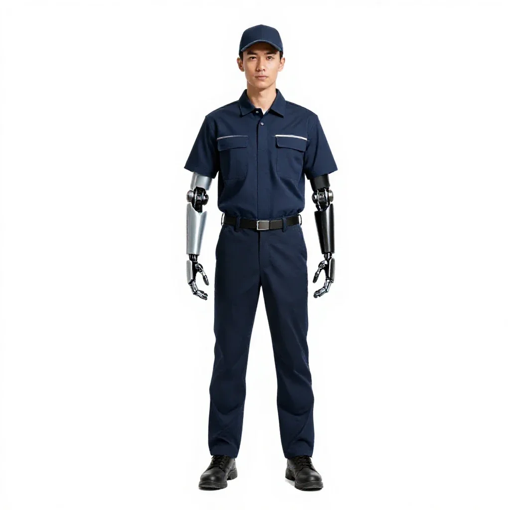Courier with a cybernetic arm isolated on a white background