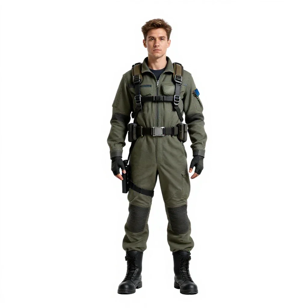 Mech pilot in a flight harness isolated on a white background