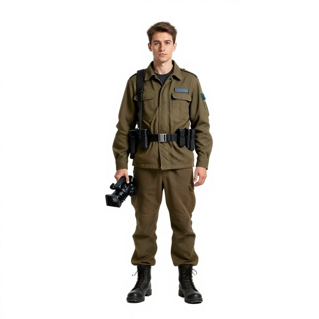 War correspondent with a hovering camera isolated on a white background